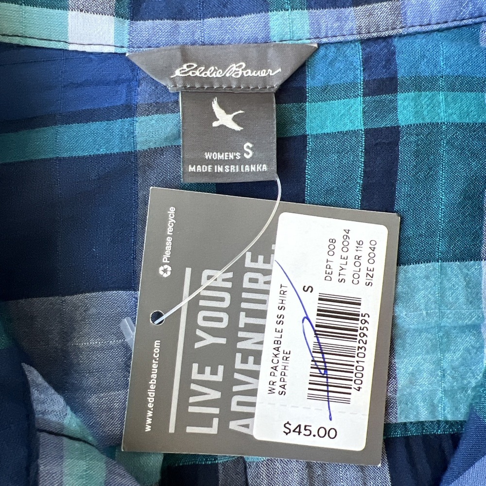 Eddie Bauer Adventure Shirt Womens S Blue Teal Plaid Short Sleeve Hiking NEW $45 - Picture 6 of 10